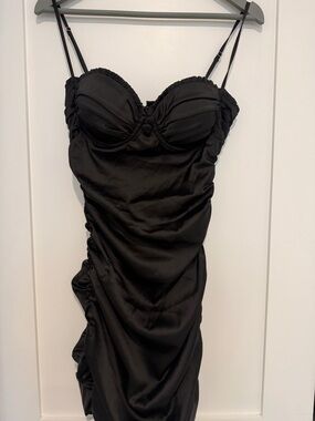 Fashion Nova Black Satin Ruched Slip Dress with Bustier Detail